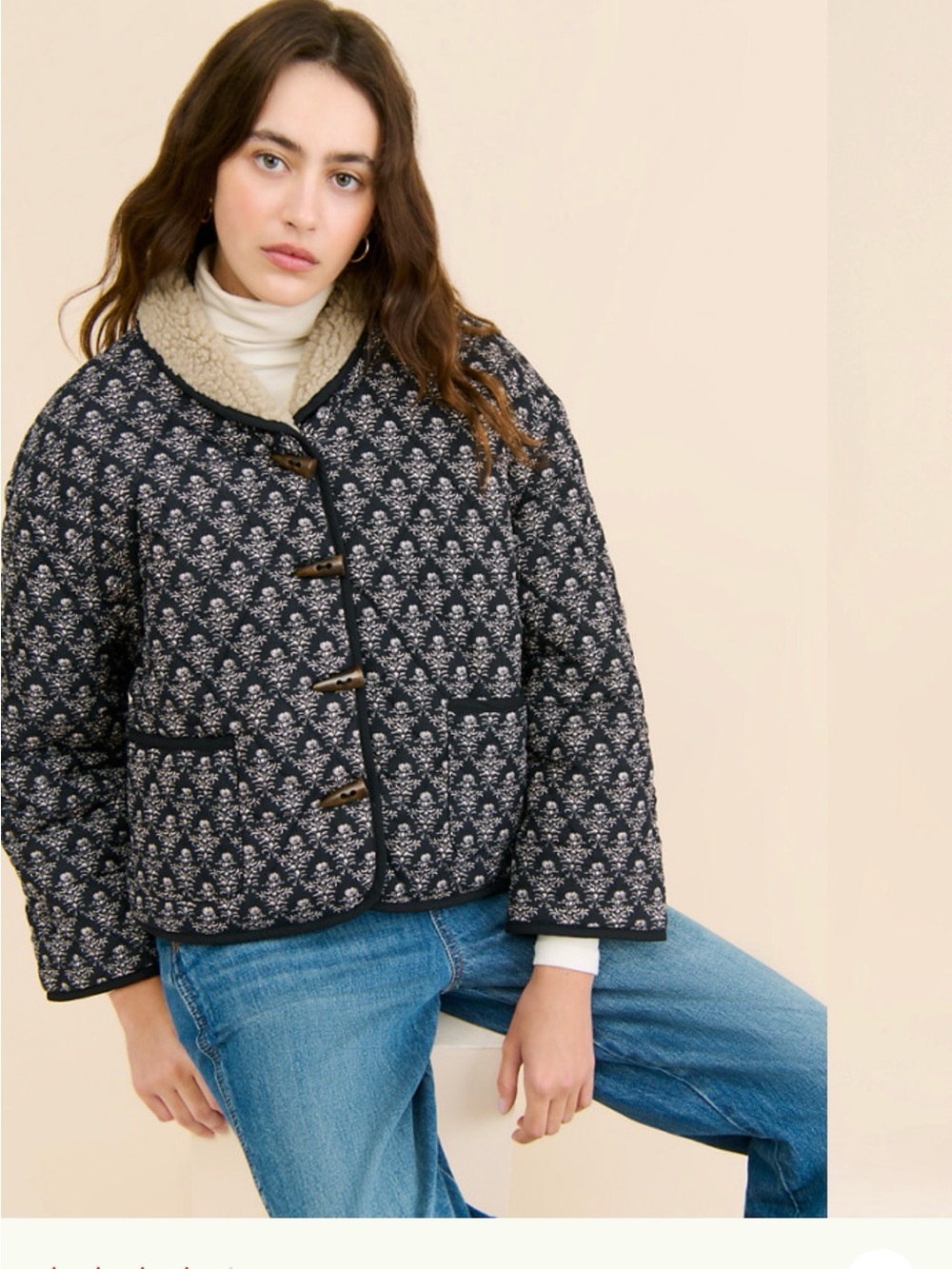 Quilted Black Floral Toggle Jacket with Cream Sherpa Collar